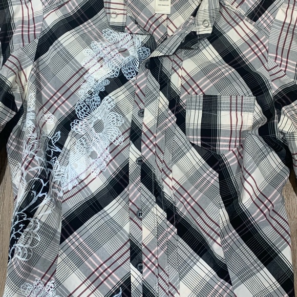 Diesel Plaid 3/4 Sleeve Button Down Floral Detail Shirt - Picture 4 of 6